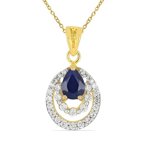 BUY 14K GOLD NATURAL BLUE SAPPHIRE GEMSTONE CLASSIC PENDANT WITH WHITE DIAMOND